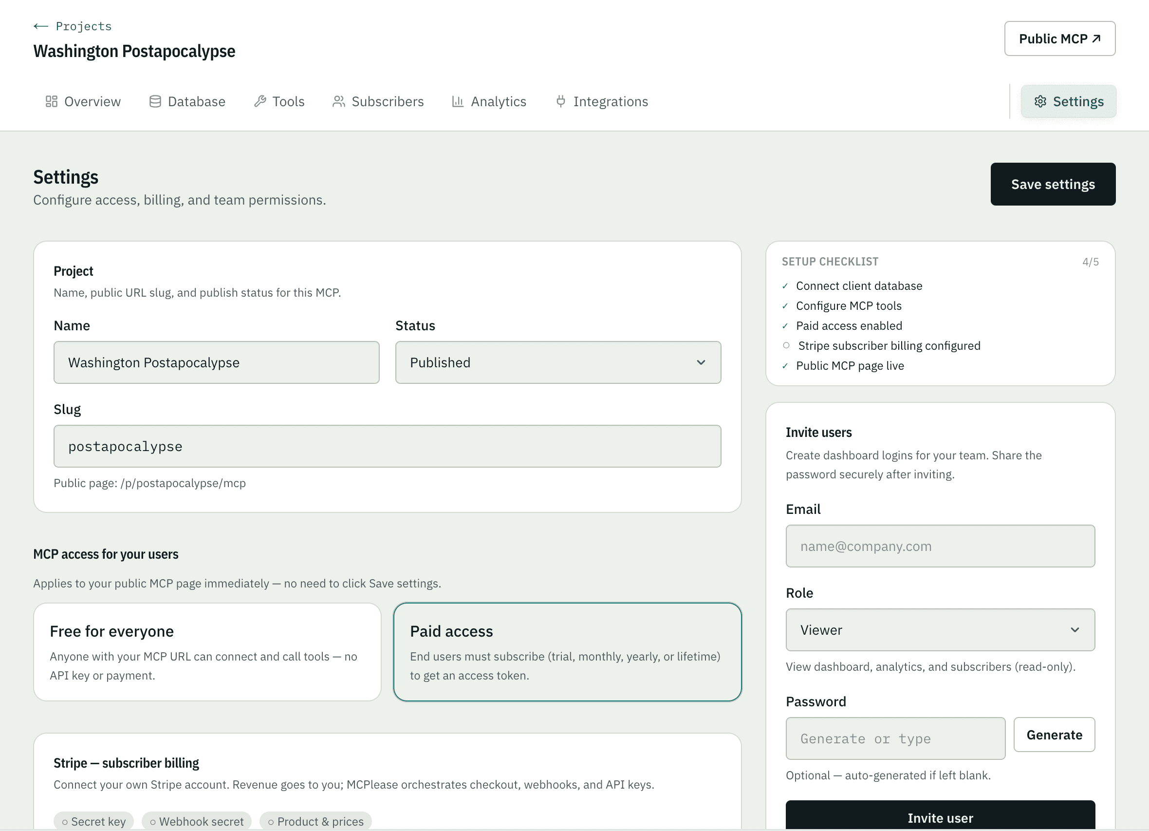 MCPlease settings — project access, paid plans, and team invites
