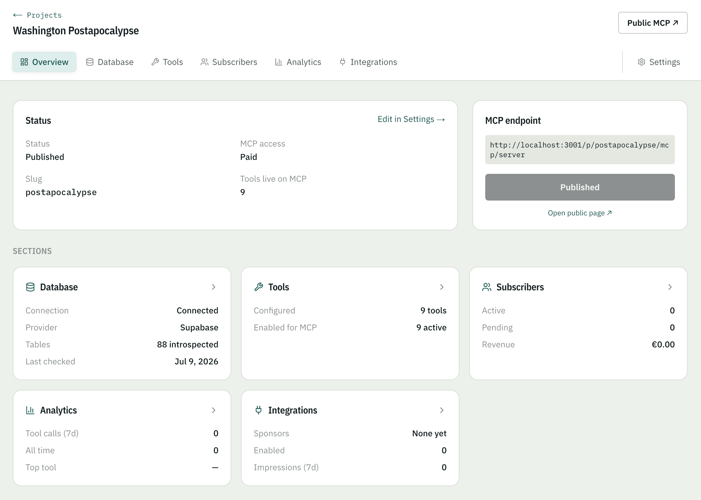 MCPlease project overview with database, tools, and analytics summary