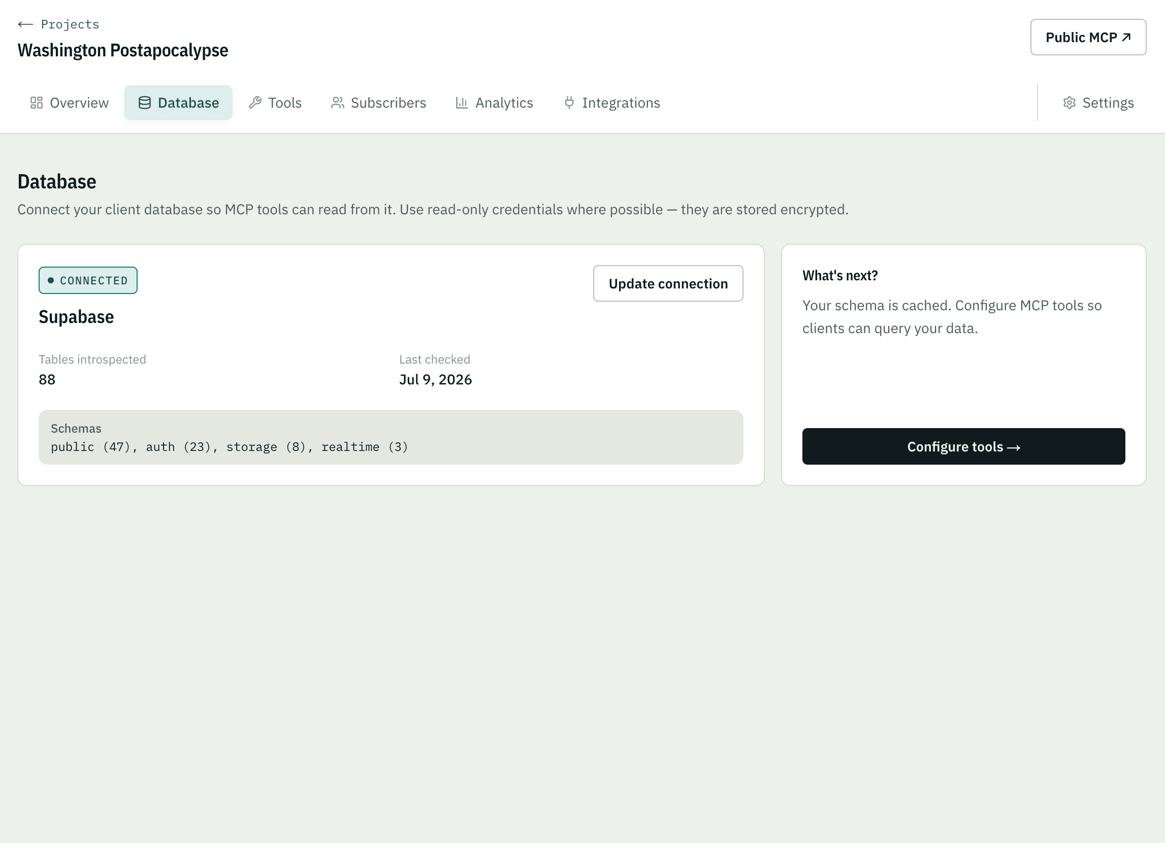 MCPlease database connection screen showing connected Supabase archive