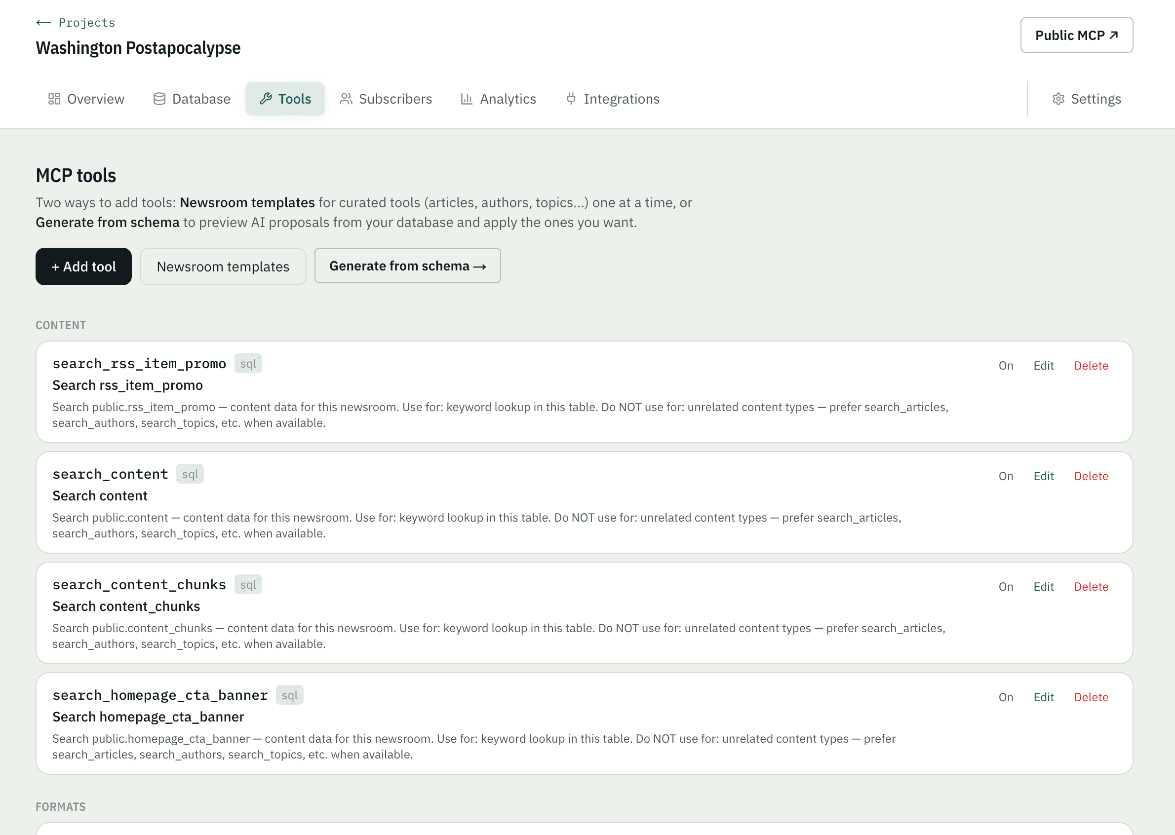 MCPlease tools list with search tools for articles and content