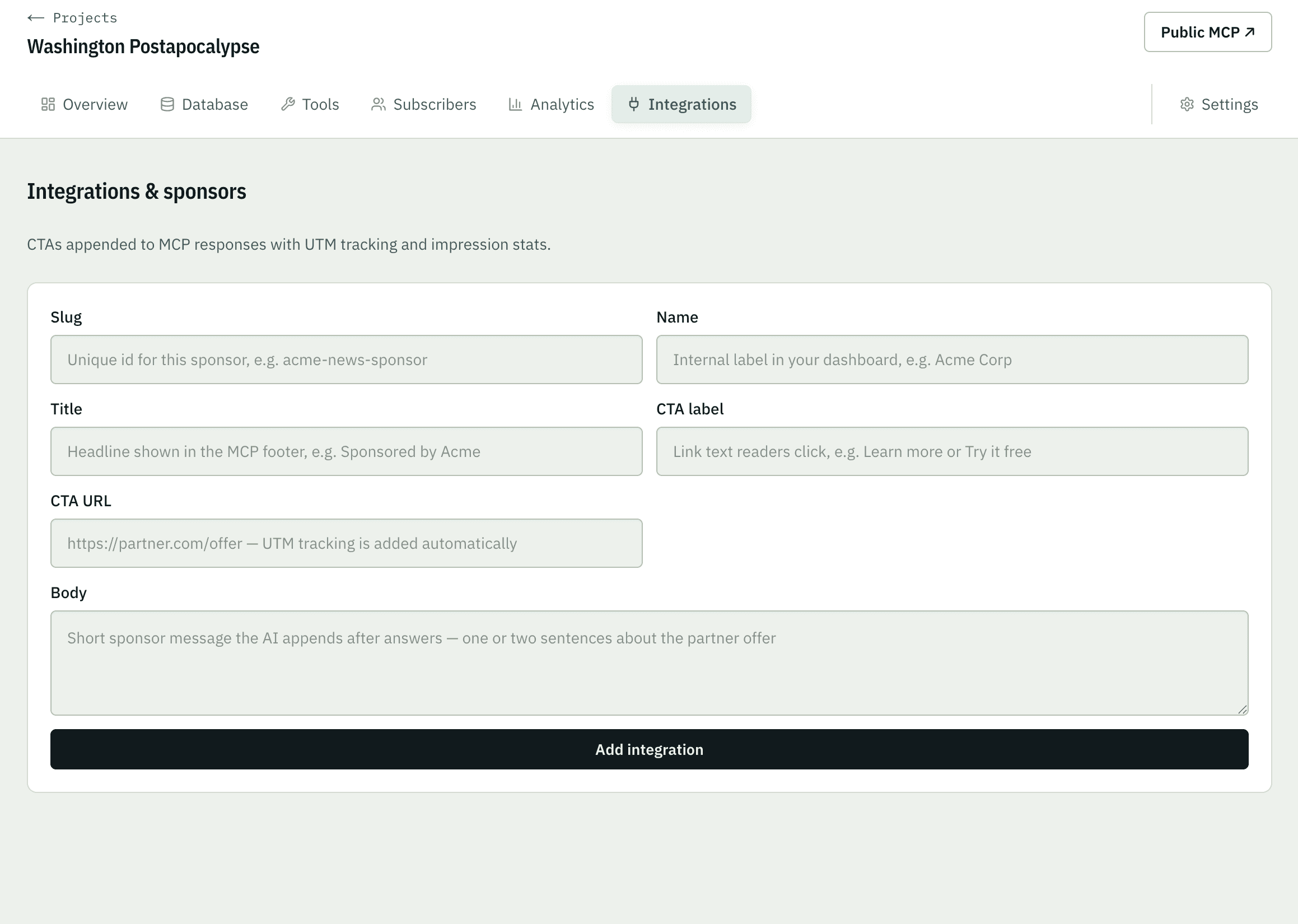 MCPlease integrations form for sponsor messages in chat replies