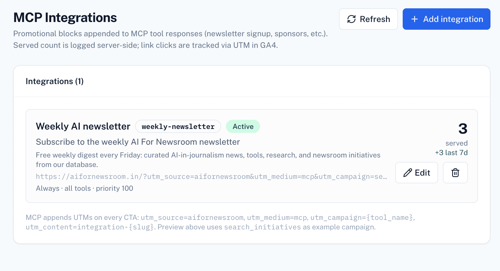 MCPlease admin integrations dashboard showing newsletter signup integration and served counts