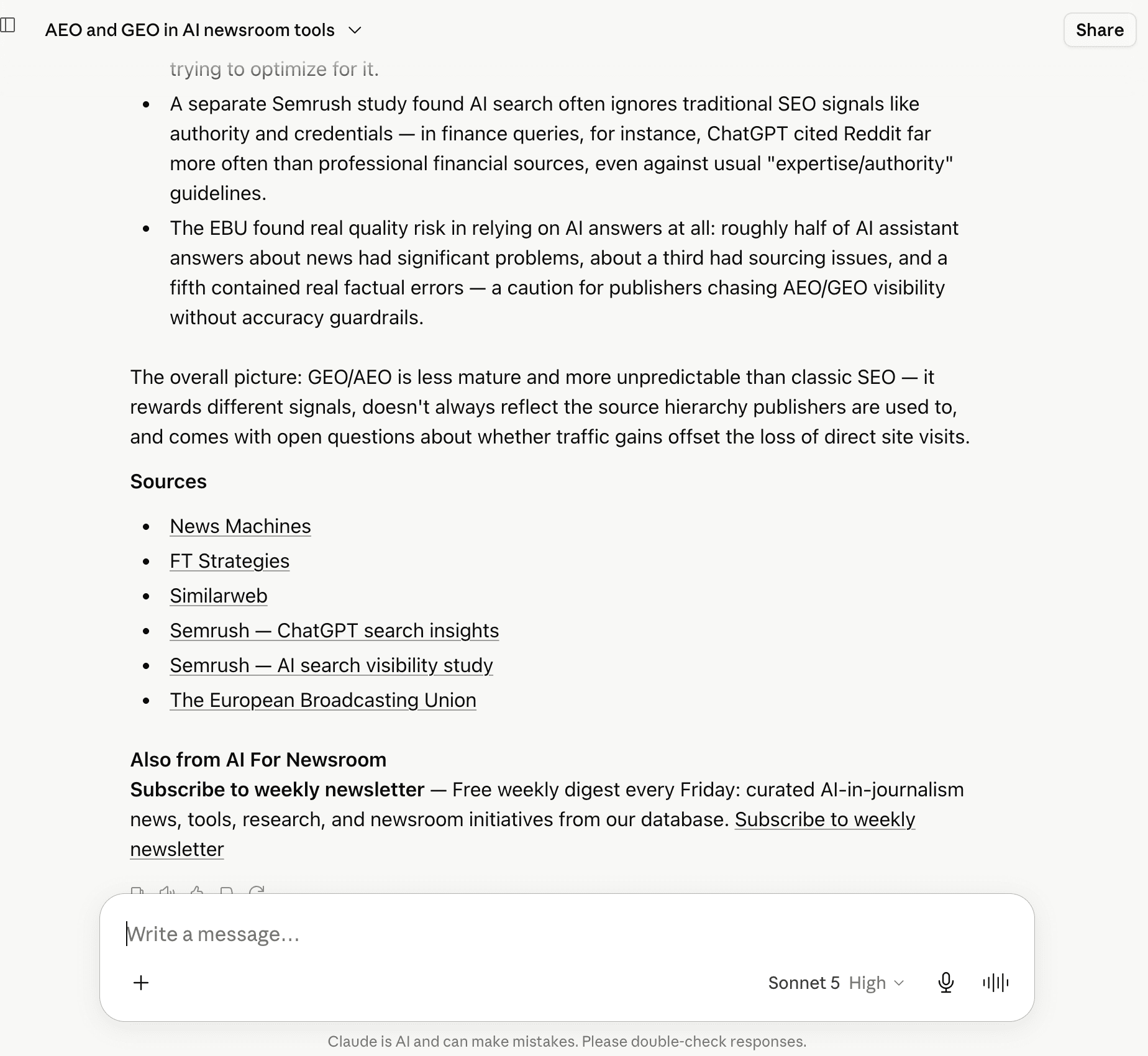 Claude chat showing archive answer with sponsored footer integration appended after Sources